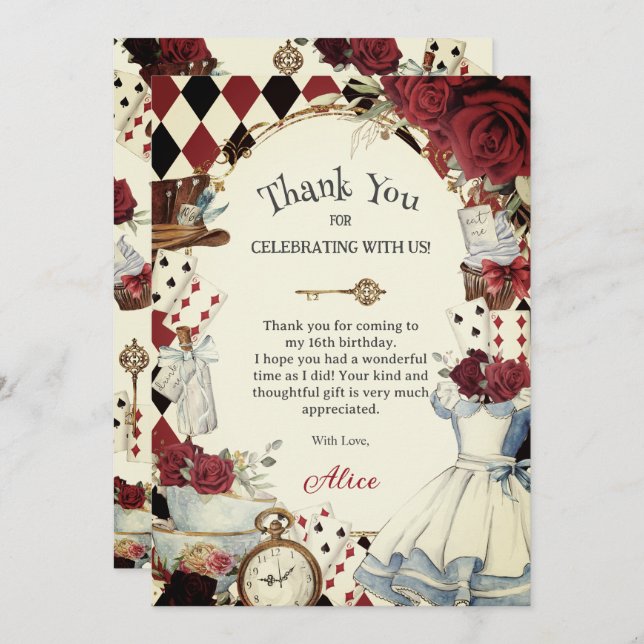 Tarjeta De Agradecimiento Alice in Wonderland Floral Bridal Shower Tea Party (Anverso / Reverso)