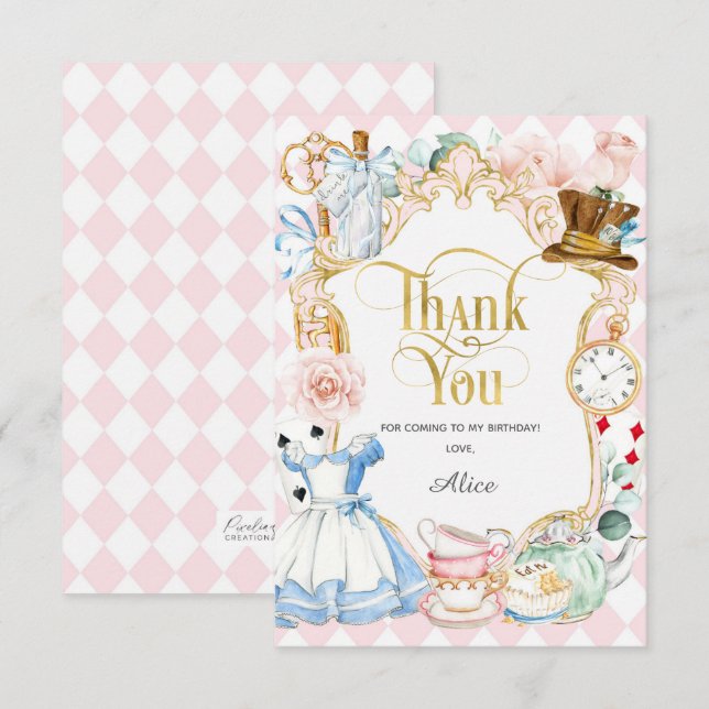 Tarjeta De Agradecimiento Alice tea fiesta wonderland, cumpleaños, gracias a (Anverso / Reverso)