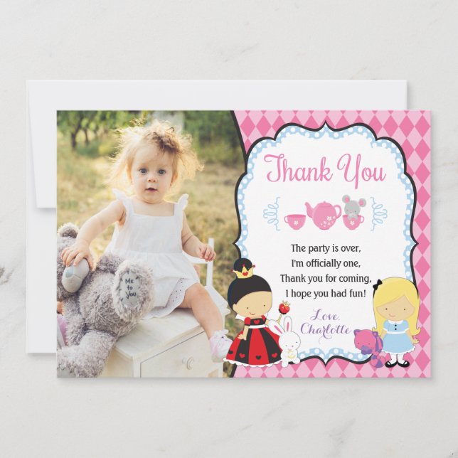 Tarjeta De Agradecimiento Alicia en el cumpleaños de ONEderland le agradece (Anverso)