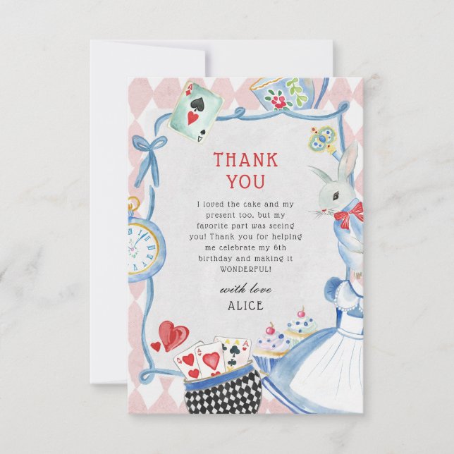 Tarjeta De Agradecimiento Alicia en el cumpleaños del país de las maravillas (Anverso)