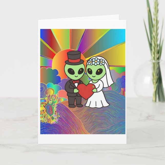 Tarjeta De Agradecimiento Alien Bride and Groom Wedding Retro Neon  (Anverso)