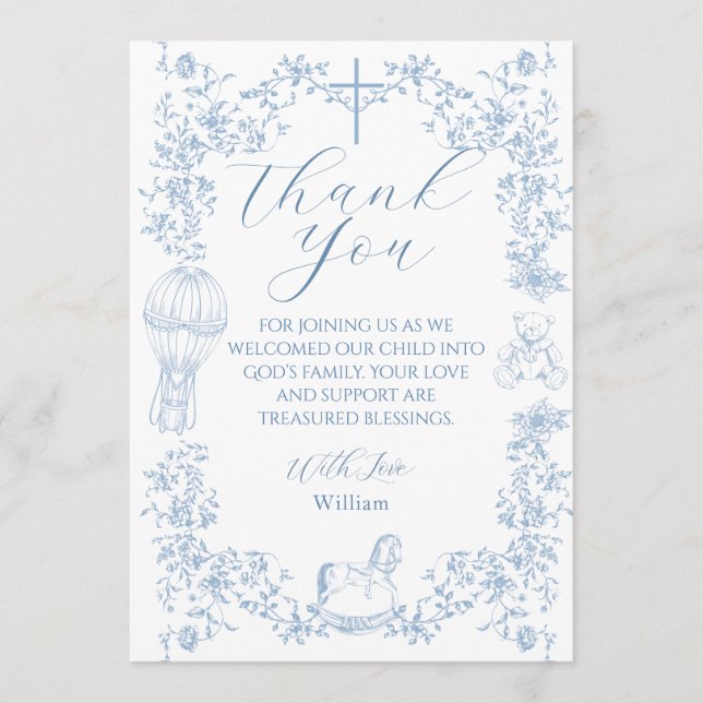 Tarjeta De Agradecimiento All Blue Toile Boy Baptism Elegant Digital (Anverso)
