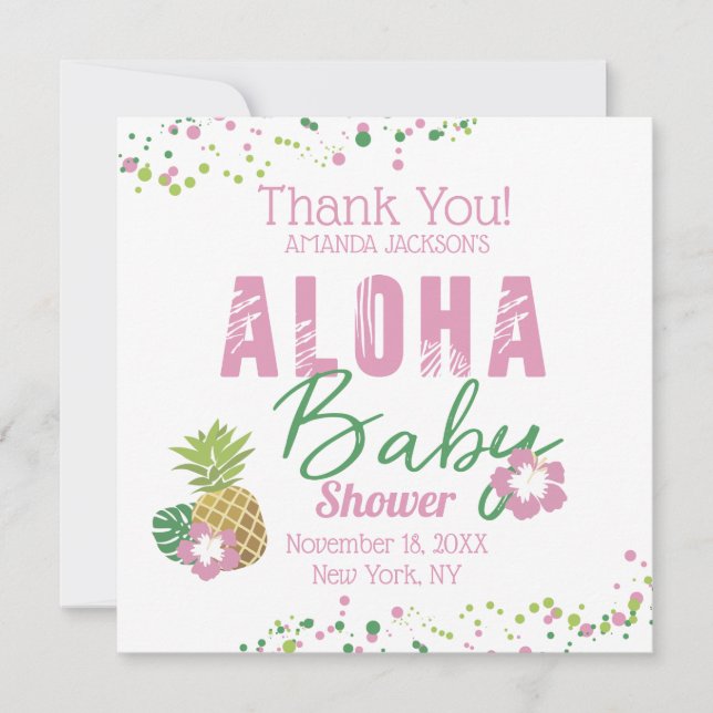 Tarjeta De Agradecimiento Aloha Baby Rosa Verde Tropical Piña Gracias (Anverso)