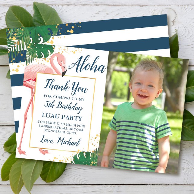 Tarjeta De Agradecimiento Aloha Flamingo Blue Gold Tropical Birday Photo (Subido por el creador)