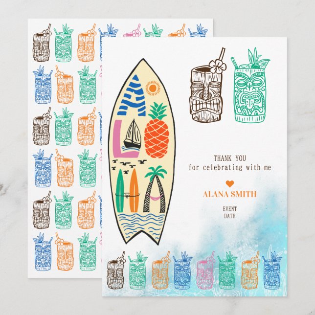 Tarjeta De Agradecimiento Aloha TIKI Surfboard Fiesta Tropical Luau Hawaii (Anverso / Reverso)