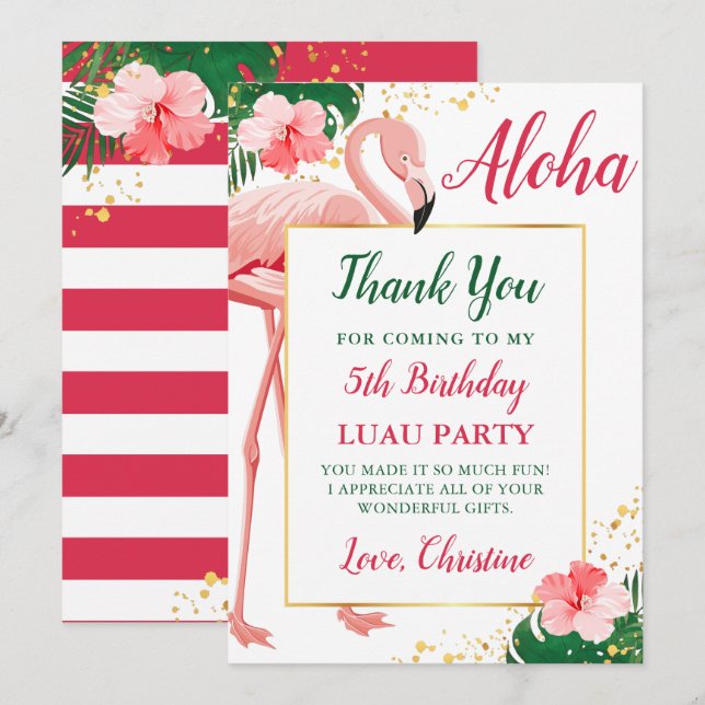 Tarjeta De Agradecimiento Aloha Tropical Flamingo Pink Floral Cumpleaños (Anverso / Reverso)