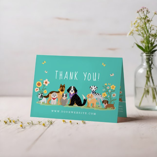Tarjeta De Agradecimiento Amable Mascota feliz cuidado de mascotas familiare (Lovable Happy Pet Family Pet Care, Grooming Teal Thank You Card)