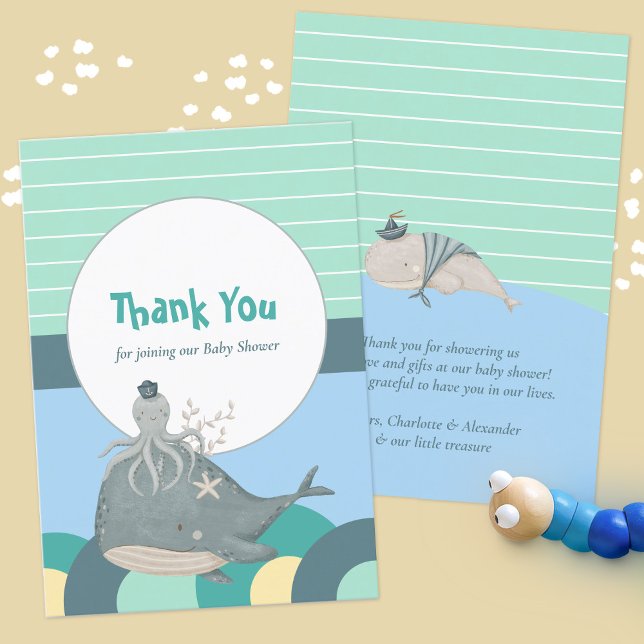 Tarjeta De Agradecimiento Amable Octopus de ballena náutica Baby Shower verd (Lovable Nautical Whale Squid Green Baby Shower Thank You Card ©Susanne Sachers - Sunny Mind Design )