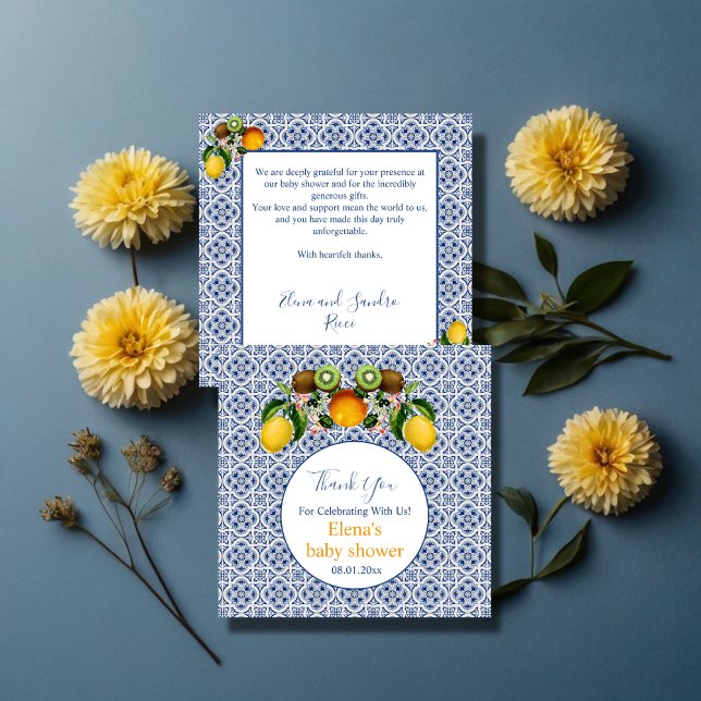 Tarjeta De Agradecimiento Amalfi blanco y azul Lemons Italia Baby Shower (Subido por el creador)