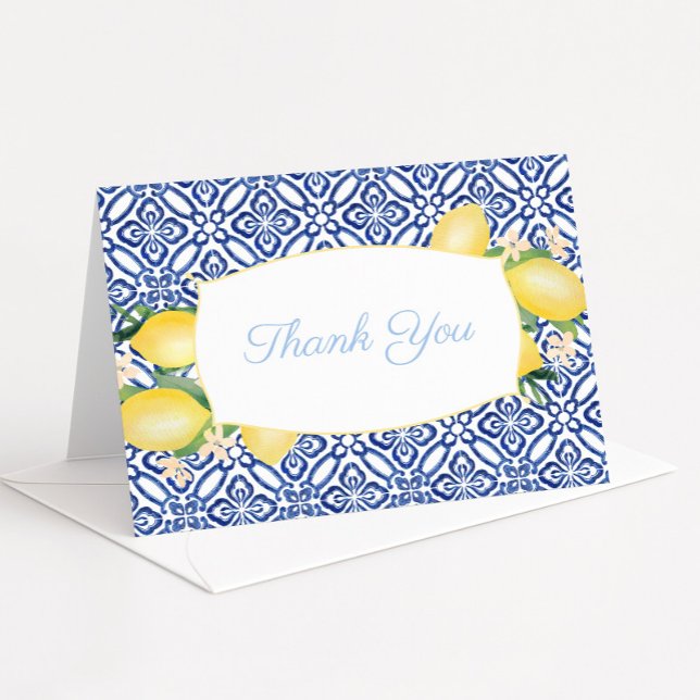 Tarjeta De Agradecimiento Amalfi Lemons Azulejos Polvo Azul Baby Shower (Amalfi Lemons and blue and white vintage tiles baby boy shower thank you card)