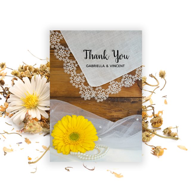 Tarjeta De Agradecimiento Amarillo Daisy Lace Country Barn Boda Gracias (Subido por el creador)