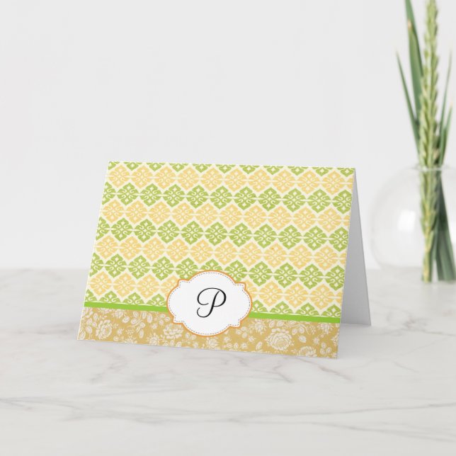 Tarjeta De Agradecimiento Amarillo Damasco Monogramado Notecards (Anverso)