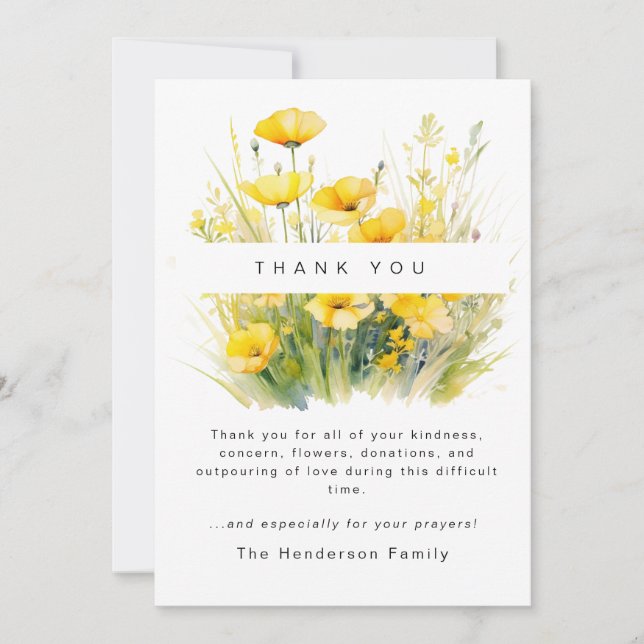 Tarjeta De Agradecimiento Amarillo Flores Silvestres Bereavement Funeral Gra (Anverso)