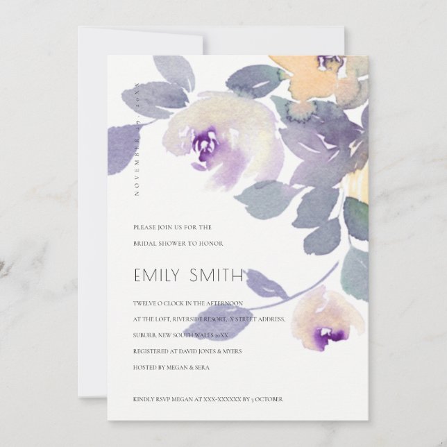 TARJETA DE AGRADECIMIENTO AMARILLO MAUVE LILAC FLORAL BRIDAL SHOWER INVITE (Anverso)