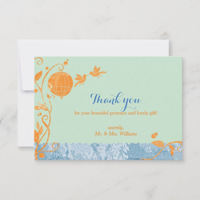 Tarjeta De Agradecimiento Amarra jaula pájaros Mint Green Boda Gracias (Anverso)