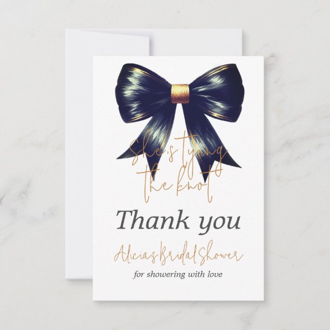 Tarjeta De Agradecimiento Amarrando el Knot Gold Black Bow Bridal Shower (Anverso)