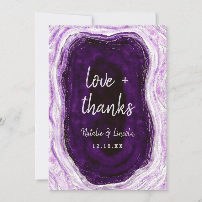 Tarjeta De Agradecimiento Amethyst Purple & Silver Boda Amor y Gracias (Anverso)