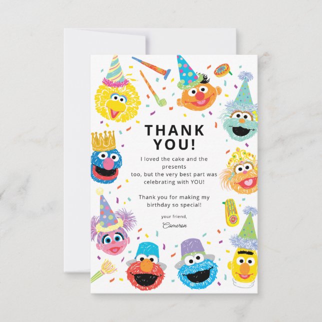 Tarjeta De Agradecimiento Amigos de Sesame Street Cumpleaños Confeti  (Anverso)