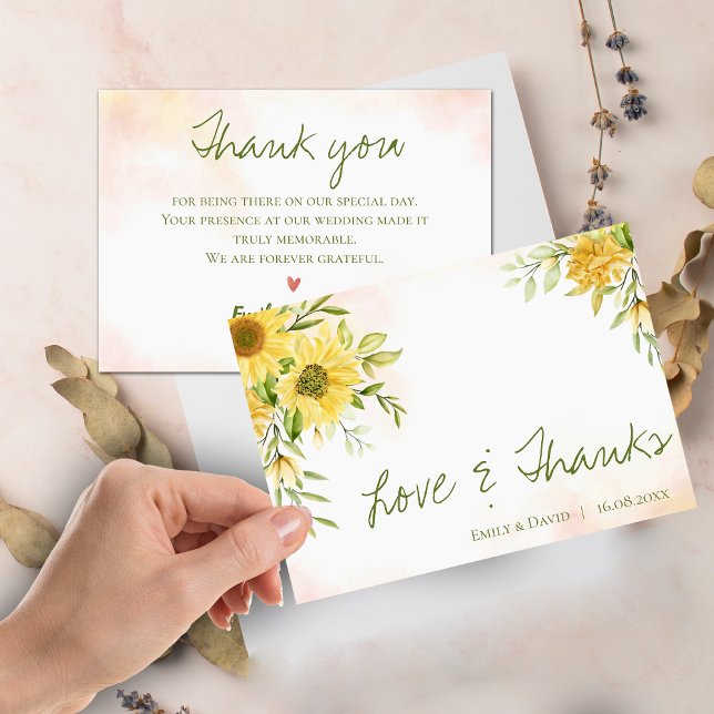 Tarjeta De Agradecimiento Amo elegante amarillo girasol y Boda de agradecimi (Yellow Sunflower Elegant Love & Thanks Wedding Thank You Card)