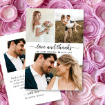 Tarjeta De Agradecimiento Amor elegante y gracias Boda de 3 Collages de foto<br><div class="desc">Moderno y elegante "Amor y Gracias" Script 3 Collage de fotos Boda tarjeta de agradecimiento. Elegante plantilla de tarjeta de agradecimiento con 3 fotos en la parte delantera y 1 foto en la parte posterior. Presentando un texto de "Amor y Gracias" en una tipografía con letras de mano rápida swash...</div>