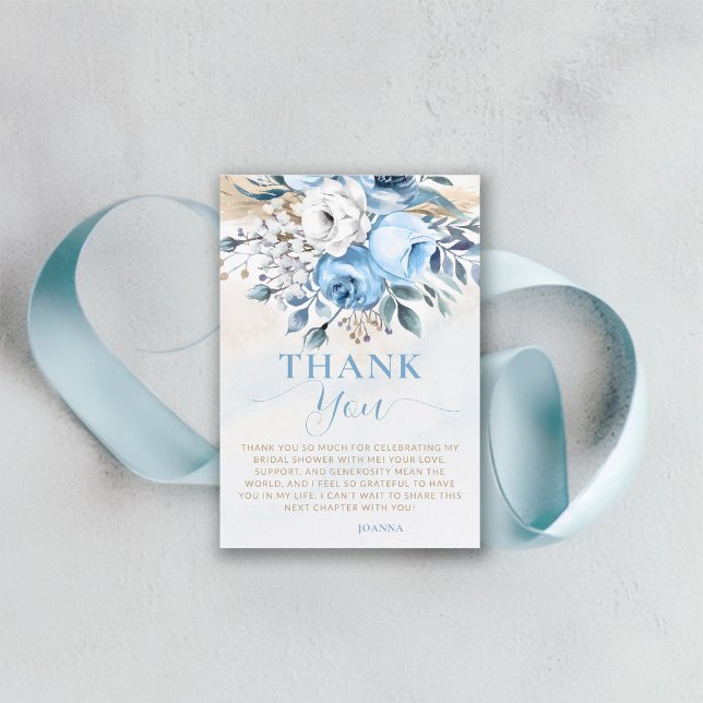 Tarjeta De Agradecimiento Amor en Flor Rosas Azules Despedida de Soltera (something blue bridal shower thank you card dusty roses wheat watercolor romantic garden backyard)