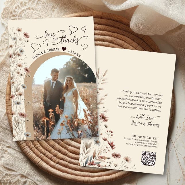 Tarjeta De Agradecimiento Amor Gracias Boho Wildflowers Foto Boda de código  (Front/Back)
