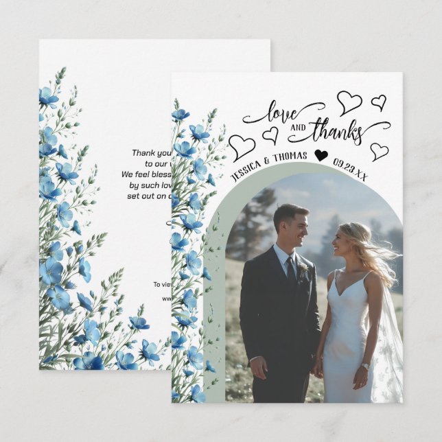 Tarjeta De Agradecimiento Amor Gracias Flores salvajes Azul Foto Boda de cód (Anverso / Reverso)