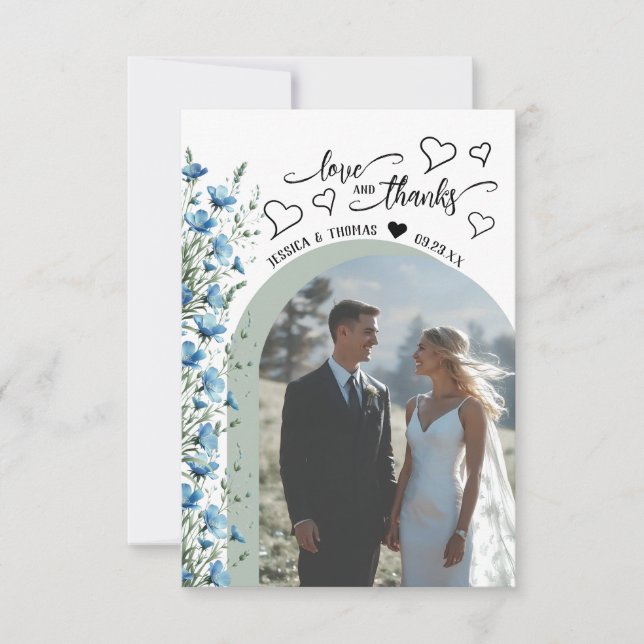 Tarjeta De Agradecimiento Amor Gracias Flores salvajes Azul Foto Boda de cód (Anverso)