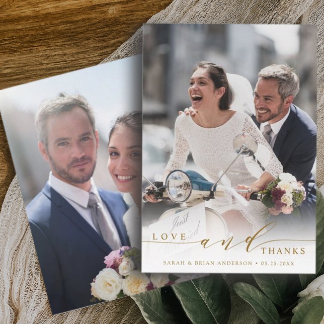 Tarjeta De Agradecimiento Amor moderno y gracias Boda Photo Gold (Front & Back)