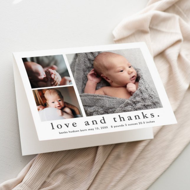 Tarjeta De Agradecimiento Amor y gracias 3 Collage de fotos bebé (Simple black and white love and thanks 3 photo collage baby thank you card birth announcement.)