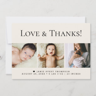 Tarjeta De Agradecimiento Amor y gracias 3 Fotos Bebé Beige Nacimiento