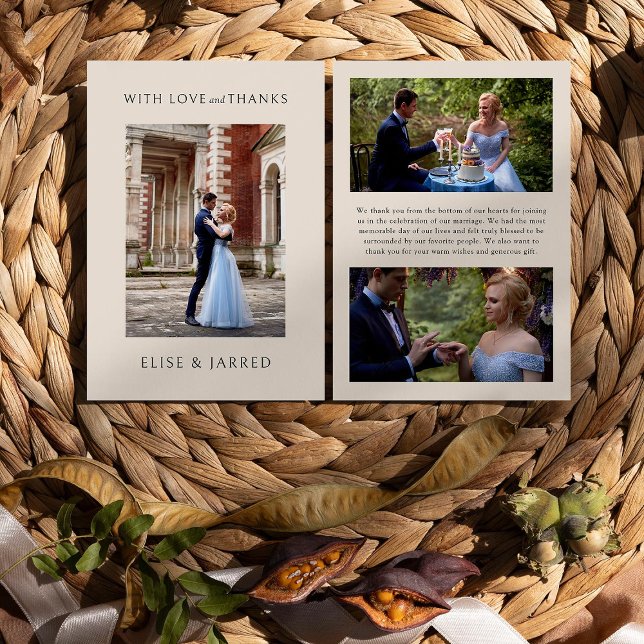 Tarjeta De Agradecimiento Amor y gracias al Boda 3x Foto Elegante (Wedding Photo thank you cards from Rustic Floral Brown Neutral Wedding Collection by Darling & May)