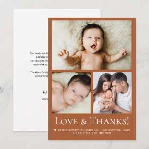 Tarjeta De Agradecimiento Amor y Gracias Baby nacimiento Foto terracota