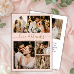 Tarjeta De Agradecimiento Amor y gracias Boda de Collage de fotos de Rubor<br><div class="desc">Elegante, Minimalista Script Gold y Rubor Boda 5 Collage de fotos Gracias Tarjetas. Moderna plantilla de tarjetas de agradecimiento boda con cinco (5) fotos en la parte delantera y una (1) foto en la parte posterior. Con el texto "Amor y gracias" en una letra de escritura tipográfica con letras a...</div>