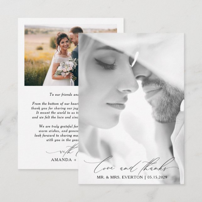 Tarjeta De Agradecimiento Amor y gracias Boda fotográfico de caligrafía mode (Anverso / Reverso)