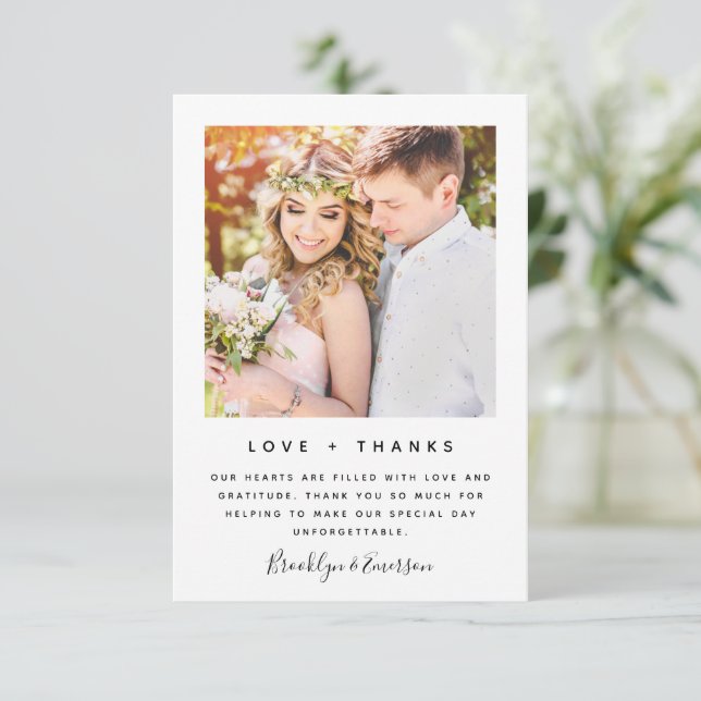 Tarjeta De Agradecimiento Amor y gracias Boda fotográfico moderno (Anverso de pie)