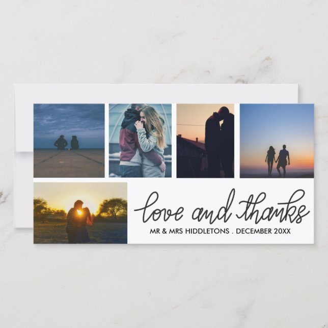 Tarjeta De Agradecimiento Amor y gracias Boda Script Cinco Collages de fotos (Anverso)