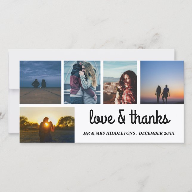 Tarjeta De Agradecimiento Amor y gracias Boda Script Cinco Collages de fotos (Anverso)