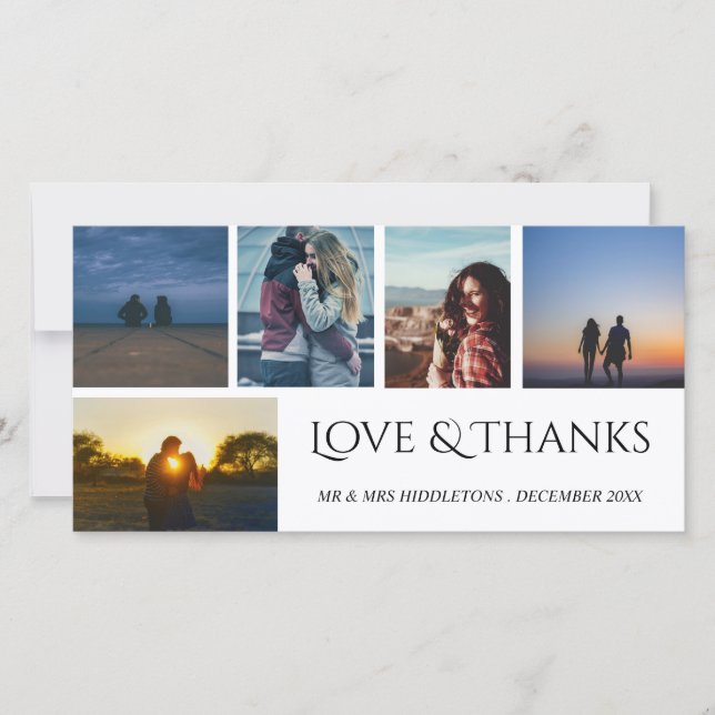 Tarjeta De Agradecimiento Amor y gracias Boda Script Cinco Collages de fotos (Anverso)