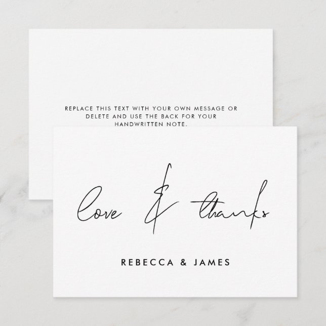 Tarjeta De Agradecimiento Amor y gracias caligrafía blanca mínima negra (Anverso / Reverso)