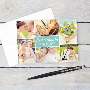Tarjeta De Agradecimiento Amor y Gracias Collage de Fotos de Boda Aqua Azul