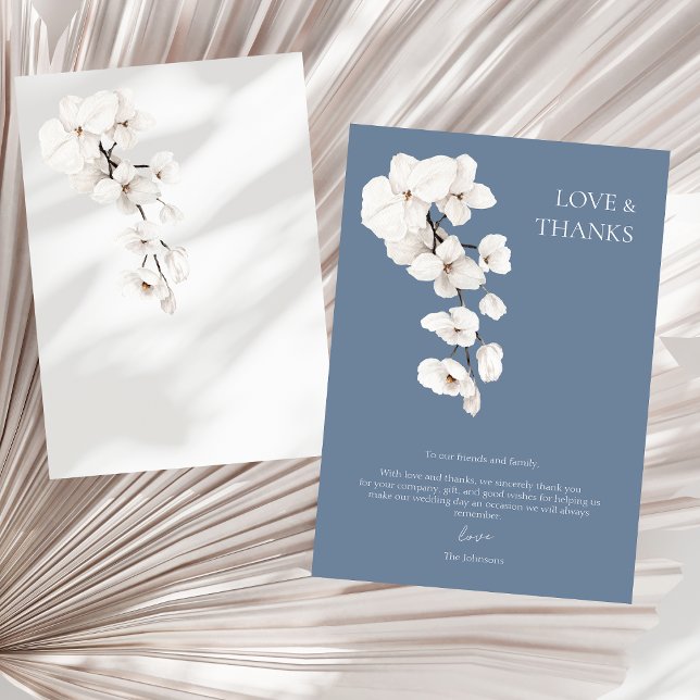 Tarjeta De Agradecimiento Amor y Gracias Dusty Blue Orquídeas Blancas Boda (Love and Thanks Dusty Blue White Orchids Wedding Thank You Card)
