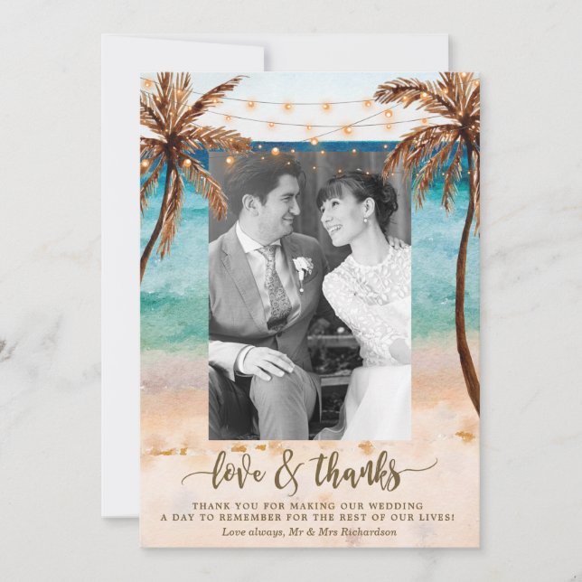 Tarjeta De Agradecimiento amor y gracias foto playa boda tropical (Anverso)