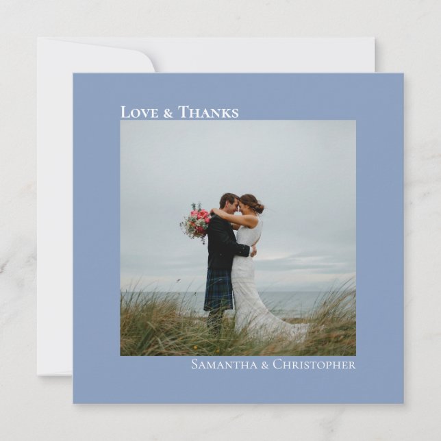 Tarjeta De Agradecimiento Amor y gracias Minimalista Dusty Blue Boda Foto (Anverso)