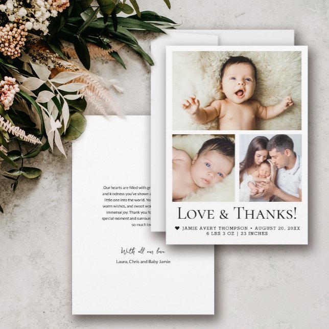 Tarjeta De Agradecimiento Amor y gracias Moderno tres fotos bebé (Love and thanks, modern 3 photo birth announcement baby shower thank you cards.)