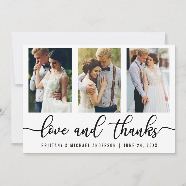 Tarjeta De Agradecimiento Amor y gracias modernos de la boda de 3 fotos (Anverso)