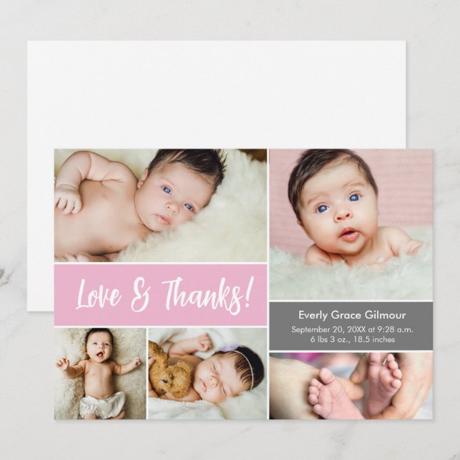 Tarjeta De Agradecimiento Amor y gracias Personalizado Rosa Fotos Baby Showe (Anverso / Reverso)