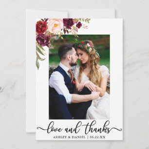 Tarjeta De Agradecimiento Amor y gracias que casan la foto Borgoña floral