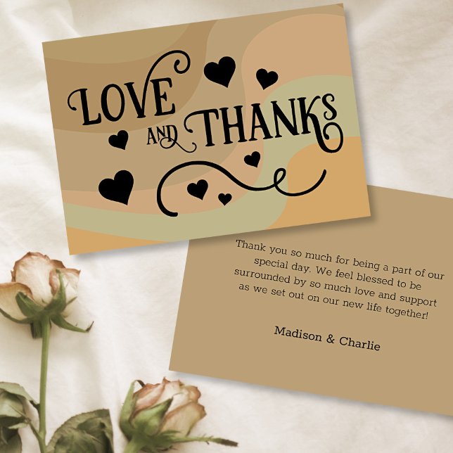 Tarjeta De Agradecimiento Amor y gracias Tan Retro Swirls & Hearts Boda (In Situ Front and Back)