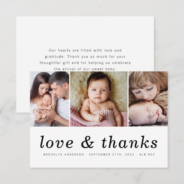 Tarjeta De Agradecimiento Amor y gracias | Tres Recienes nacidos fotográfico (Anverso / Reverso)